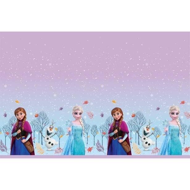 A plastic table cover featuring Anna, Elsa and Olaf along the bottom of both long sides