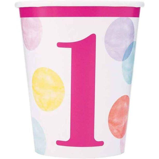 Pack of 8 matching Pink Dots 1st Birthday paper cups