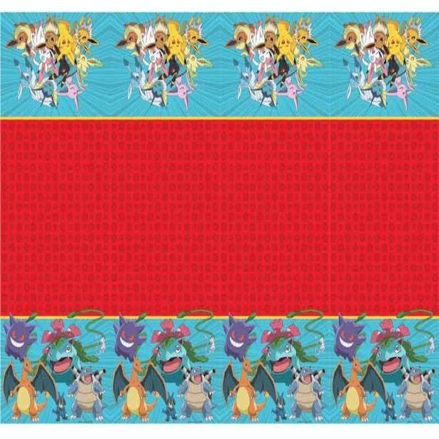 A colourful plastic table cover featuring a variety of different Pokemon characters