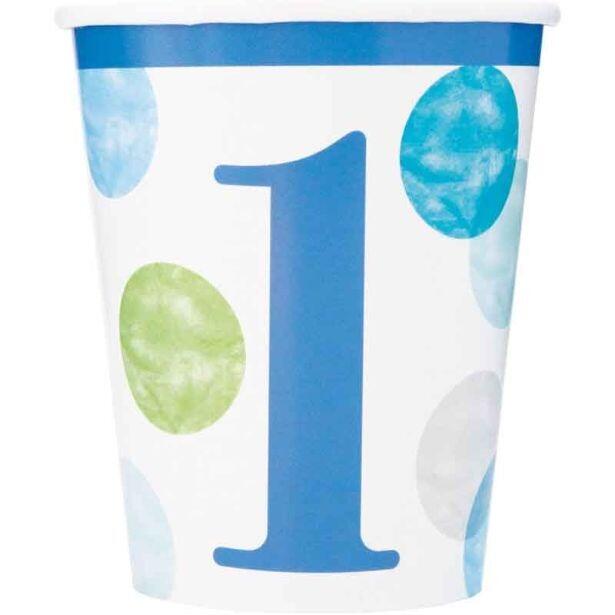 A pack of 8 Blue Dots 1st Birthday paper cups