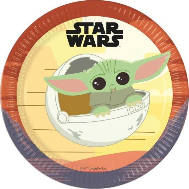A colourful paper plates featuring Grogu in his hover pram from Star Wars Mandalorian
