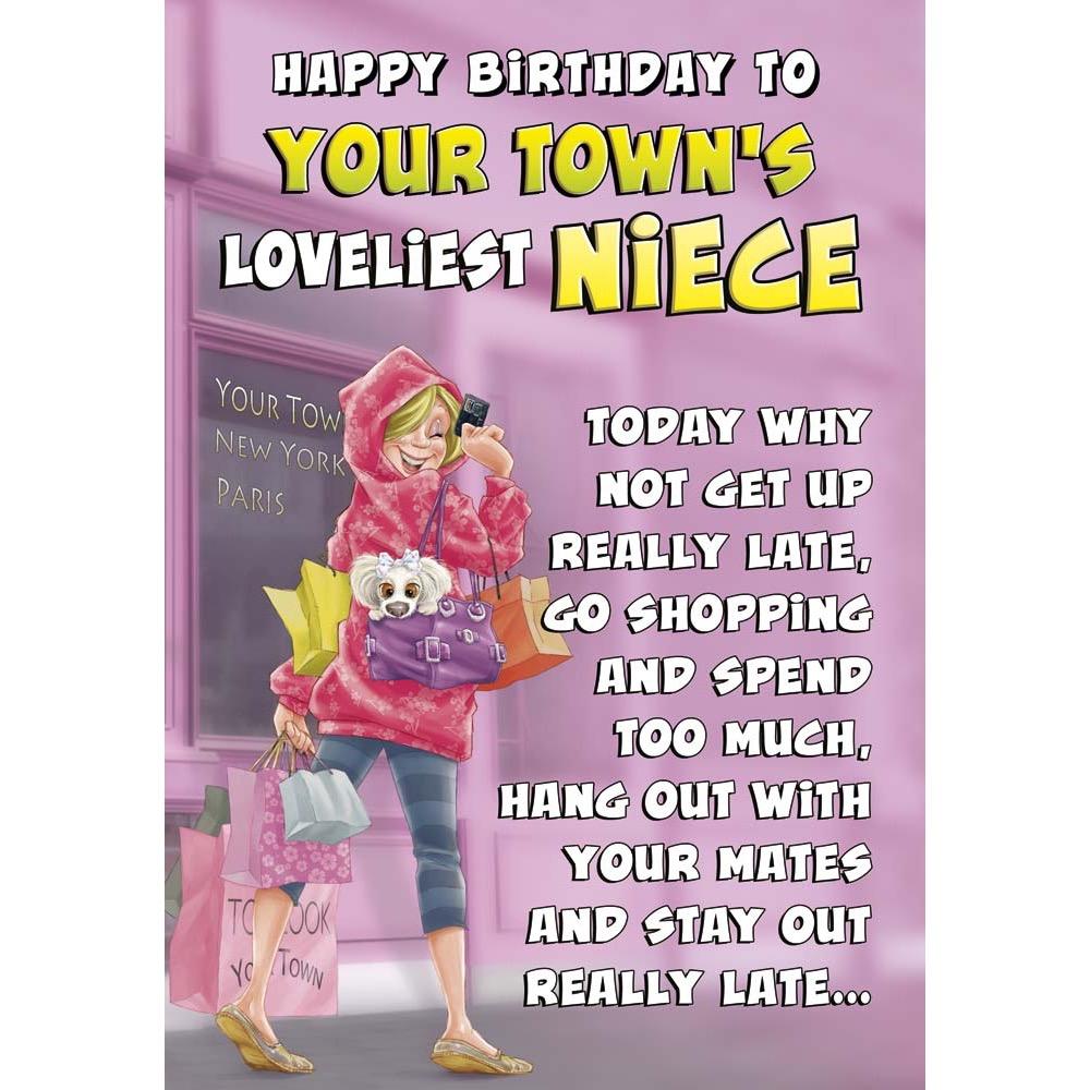 A325 - Boutique Girl. Niece Birthday card personalised with your town.