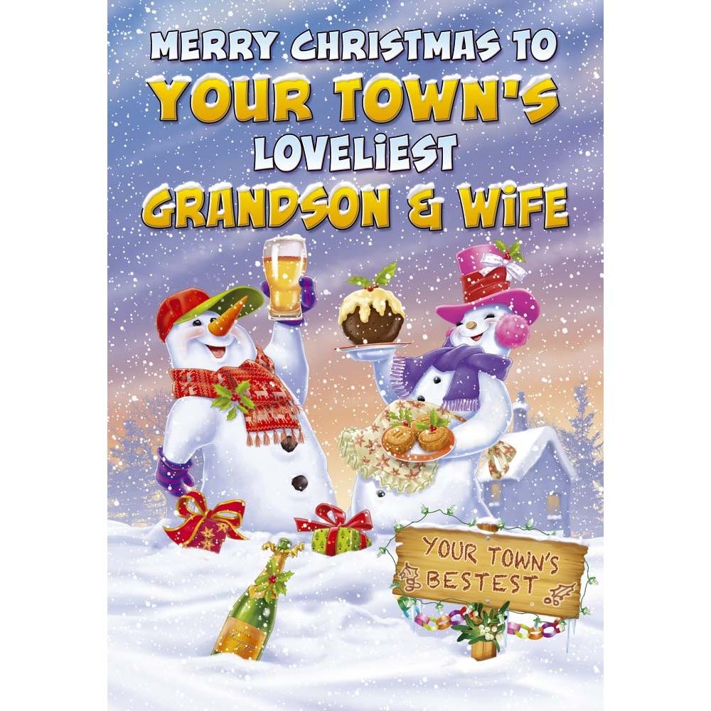 X672 - Snow Man & Woman. Grandson and Wife Christmas card personalised with  your town.