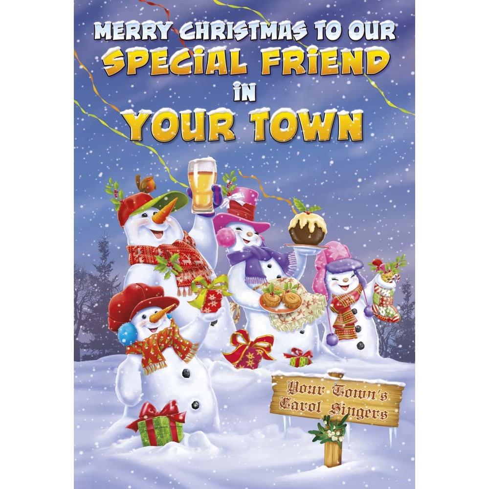 X680 - Snow Family. Friend Christmas card personalised with your town.