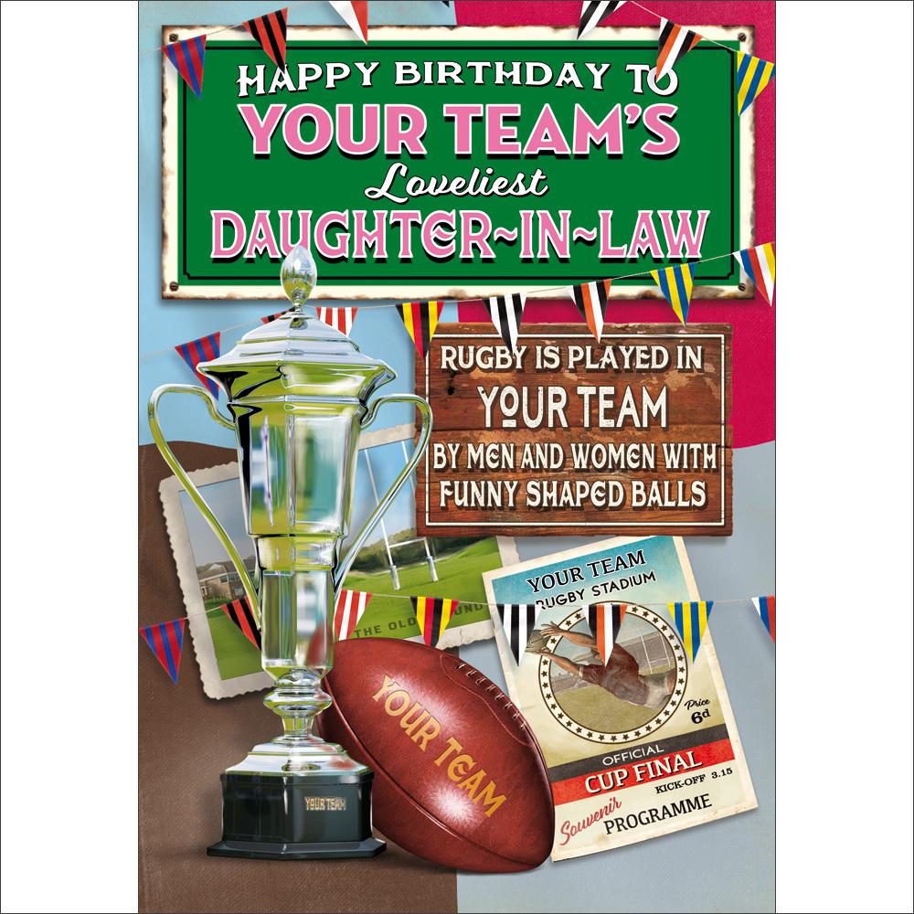 J124-UA Chocolate, Grey, Magenta & Light Blue Vintage Rugby : Personalised  Birthday Card for a Daughter in Law.