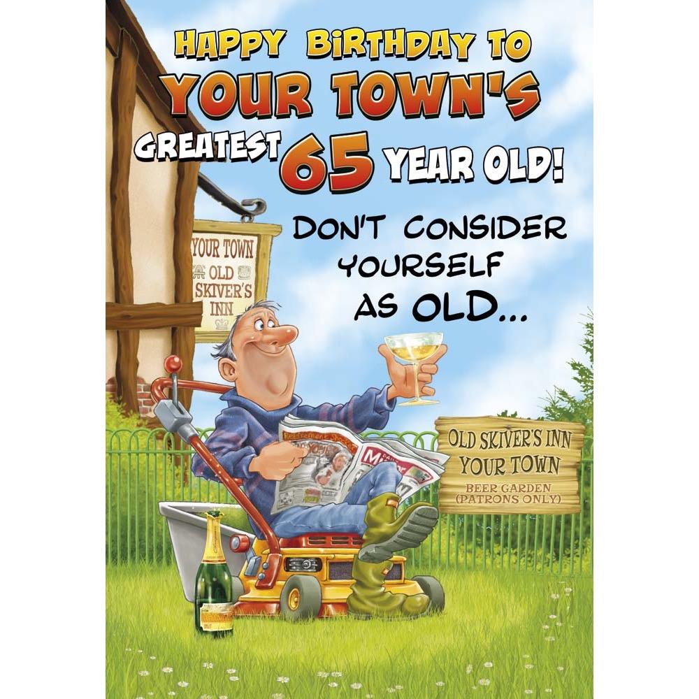 A341 - Lawn Mower Fizz. Male Age 65 card personalised with your town.