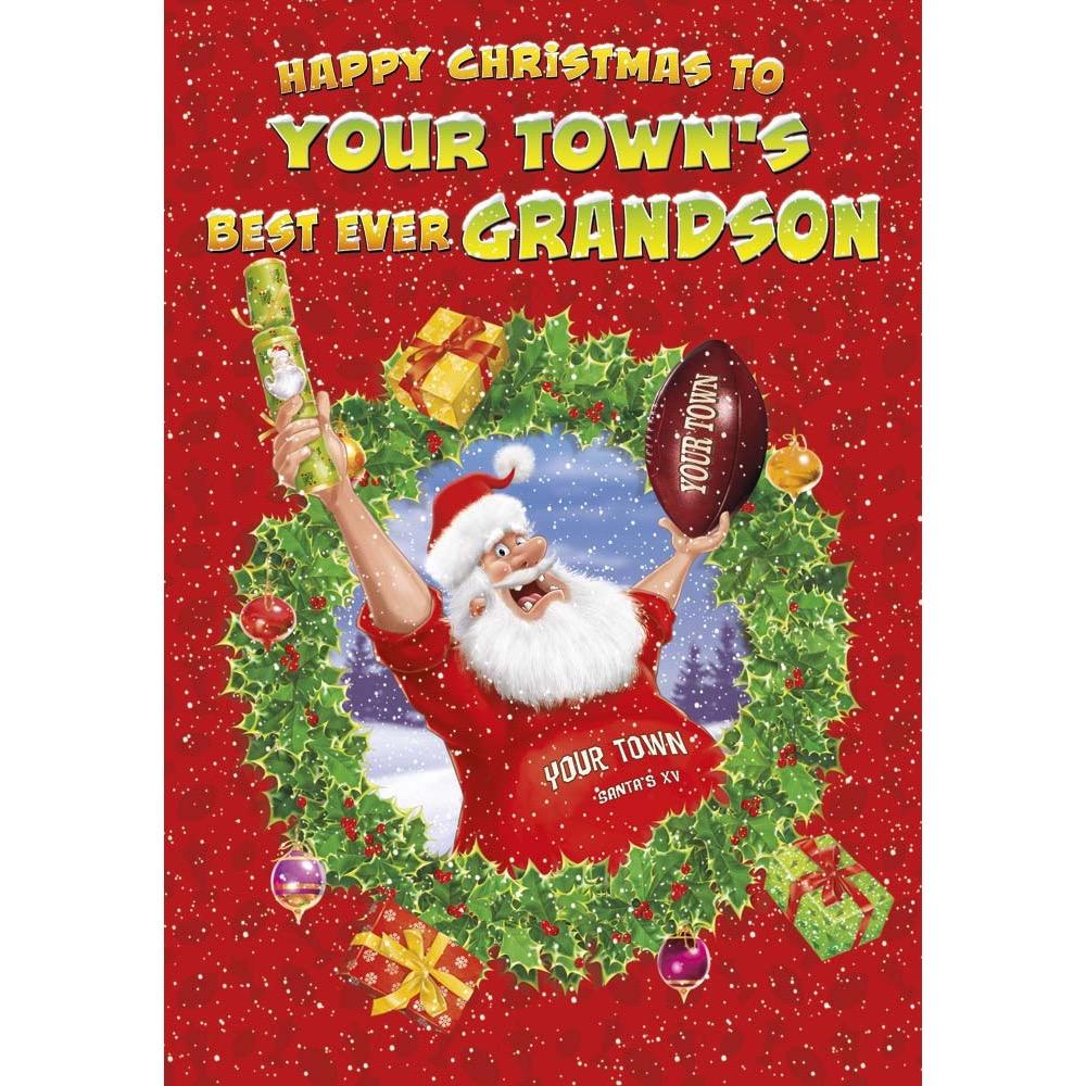 X833-D - Santa Rugby. Grandson Christmas card personalised with your town.