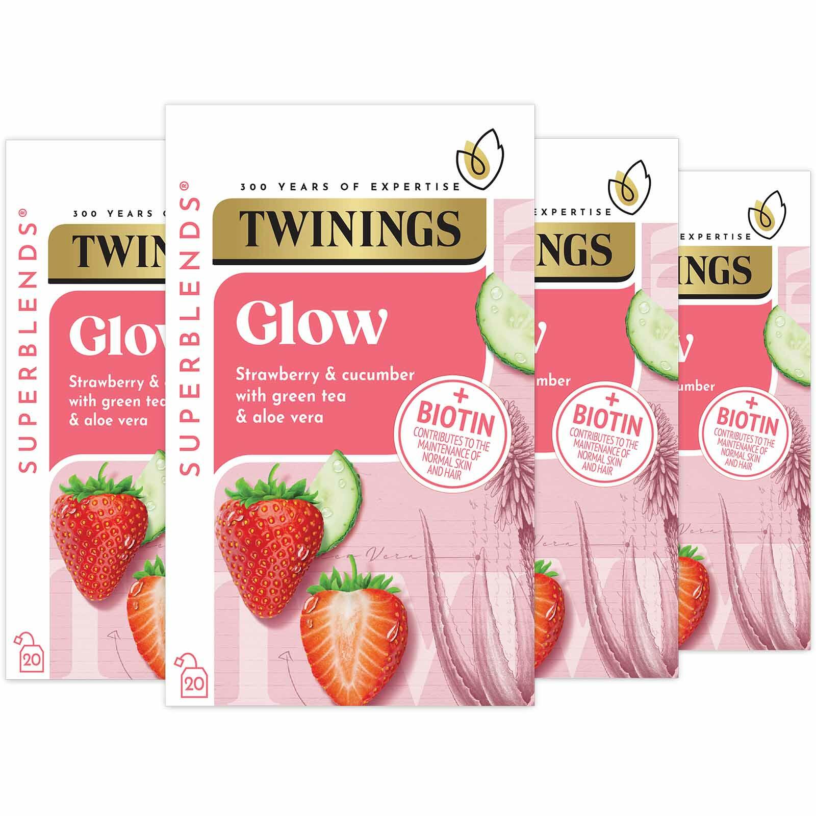 Twinings Superblends - Glow - Green Tea - Strawberry, Aloe Vera & Cucumber Green Tea Infusion - Added Biotin - Health Tea Drink 4 x 20 Tea Bags