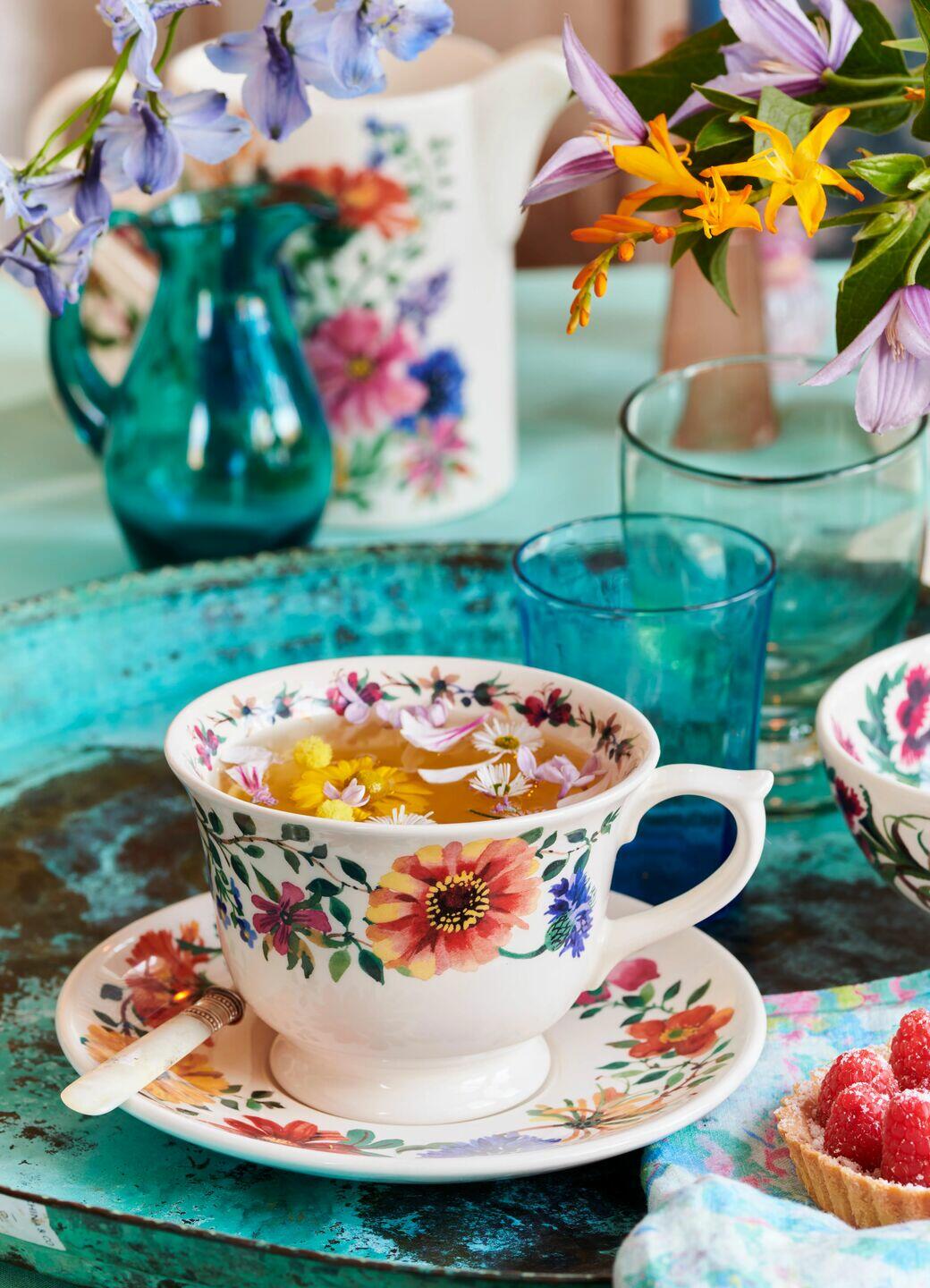 Garden Flowers Large Teacup & Saucer - Unique Handmade & Handpainted English Earthenware Vintage Style Teacup & Saucer