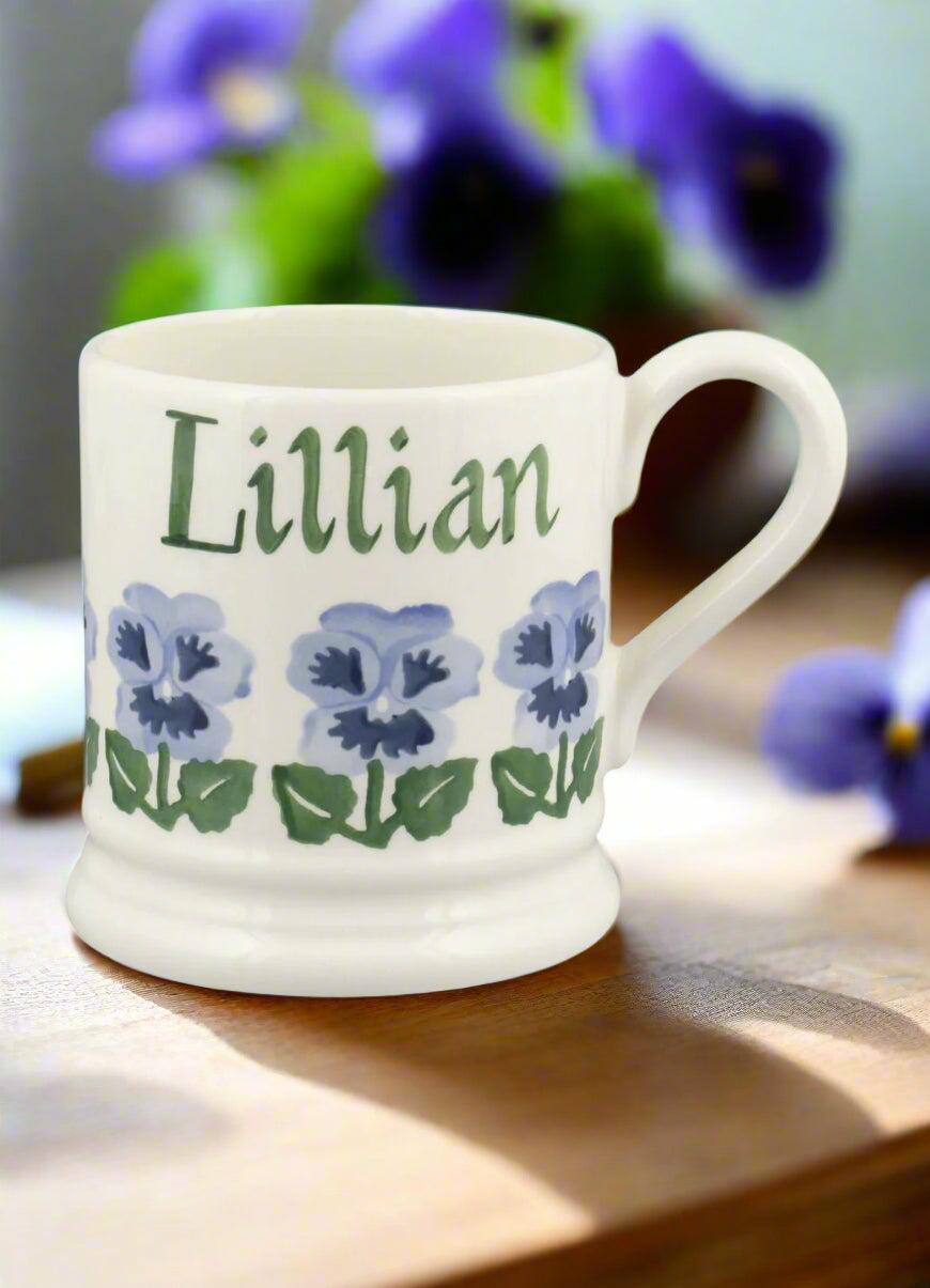 Personalised Blue Pansies 1/2 Pint Mug - Customise A Gift For Her