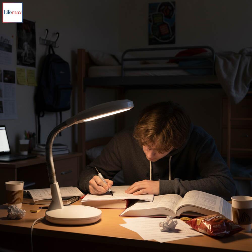 This is an image of the Lifemax Professional Reading Desk Light in black being used by a student while studying