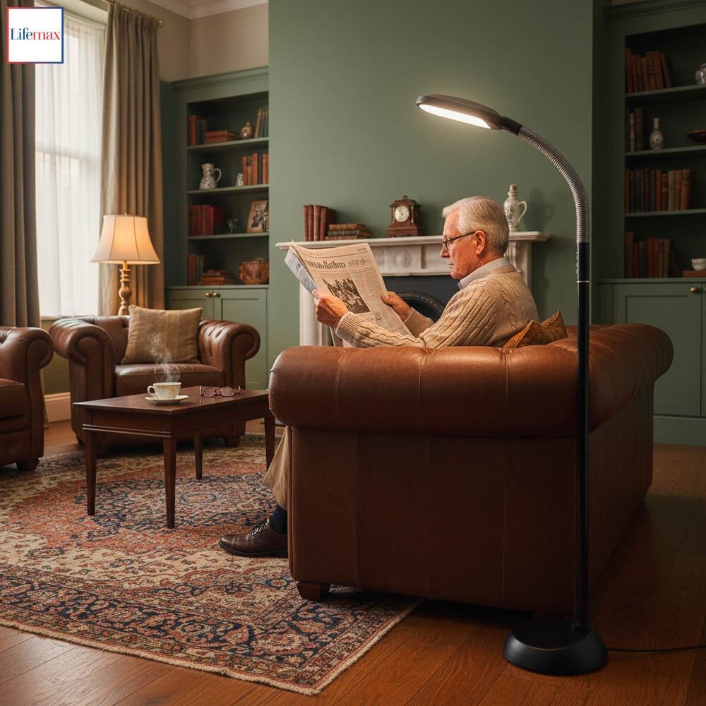 This is an image of the Lifemax Professional Reading Floor Light in black being used by a gentleman to read a newspaper