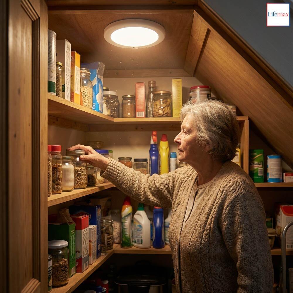 An elderly lady looking at bottle in her pantry, which is illuminated by the Lifemax Rechargeable Motion Ceiling Light