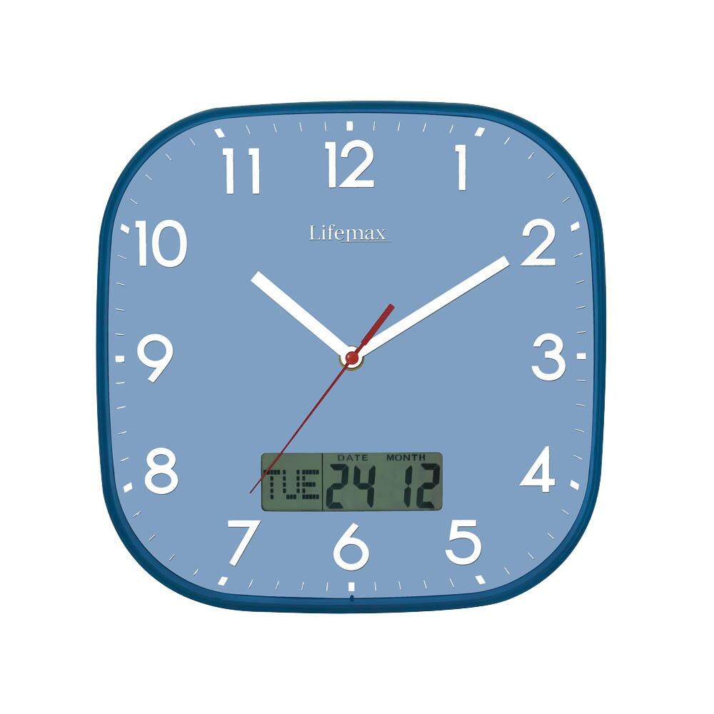 Lifemax Blue faced clear time day date clock against a while background