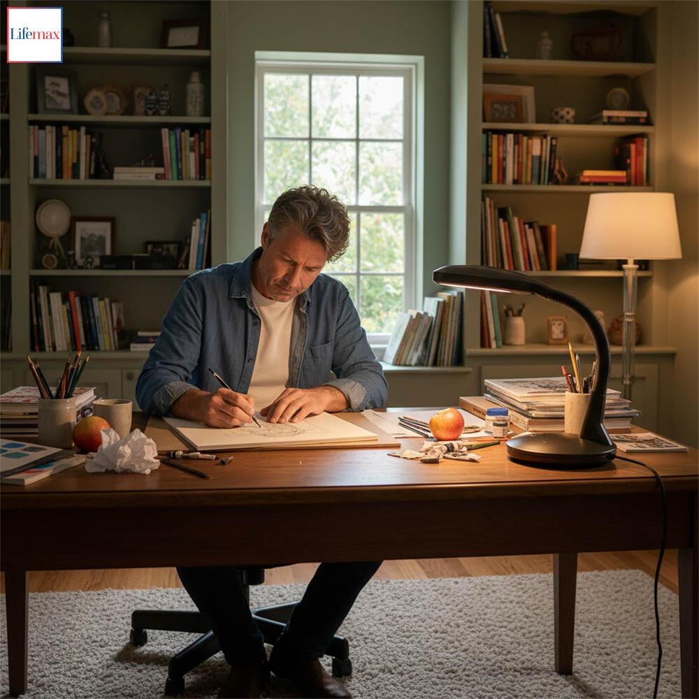 This is an image of the Lifemax Professional Reading Desk Light in black being used by a man to draw architect drawings
