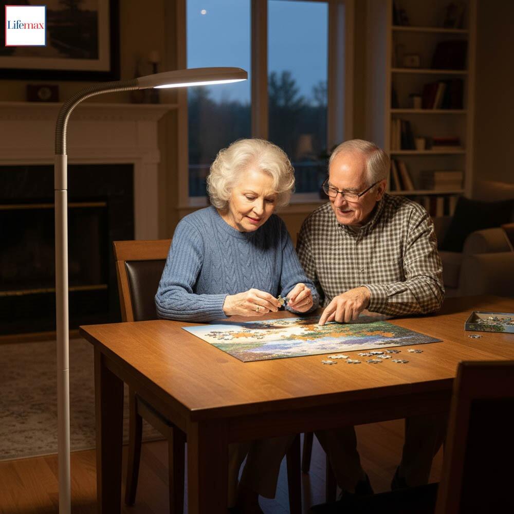 This is an image of the Lifemax Professional Reading Floor Light in white being used by an elderly couple next to a dining table to complete a jigsaw