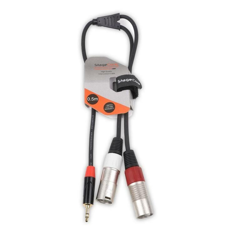 StageCore 2 x Male XLR Connectors - 1 x 3.5mm Stereo Mini Jack Plug, Professional Audio Signal Cable BLACK - (90365)
