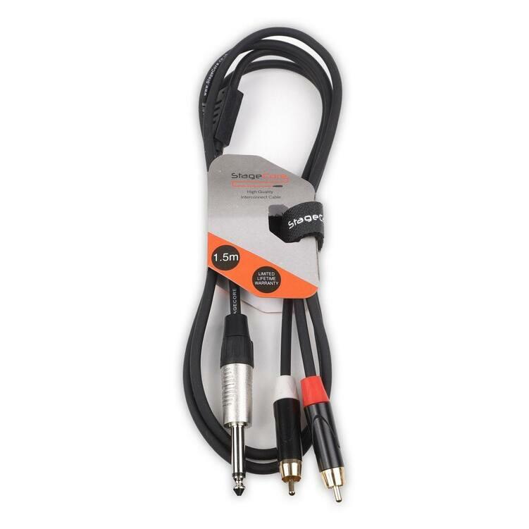 StageCore 6.35mm Mono Jack Plug - 2x Male RCA Phono Plugs, Professional Audio Signal Cable BLACK - (90330)