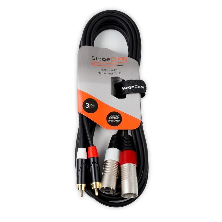 StageCore 2 x Male XLR Connectors - 2 x Male RCA Phono Plugs, Professional Audio Signal Cable BLACK - (90346)
