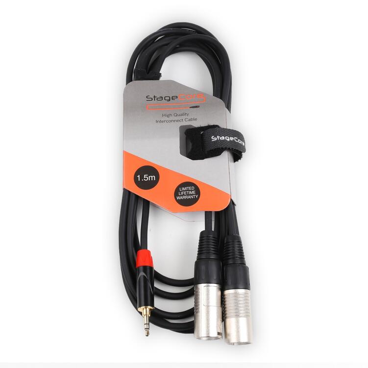 StageCore 2 x Male XLR Connectors - 1 x 3.5mm Stereo Mini Jack Plug, Professional Audio Signal Cable BLACK - (90366)