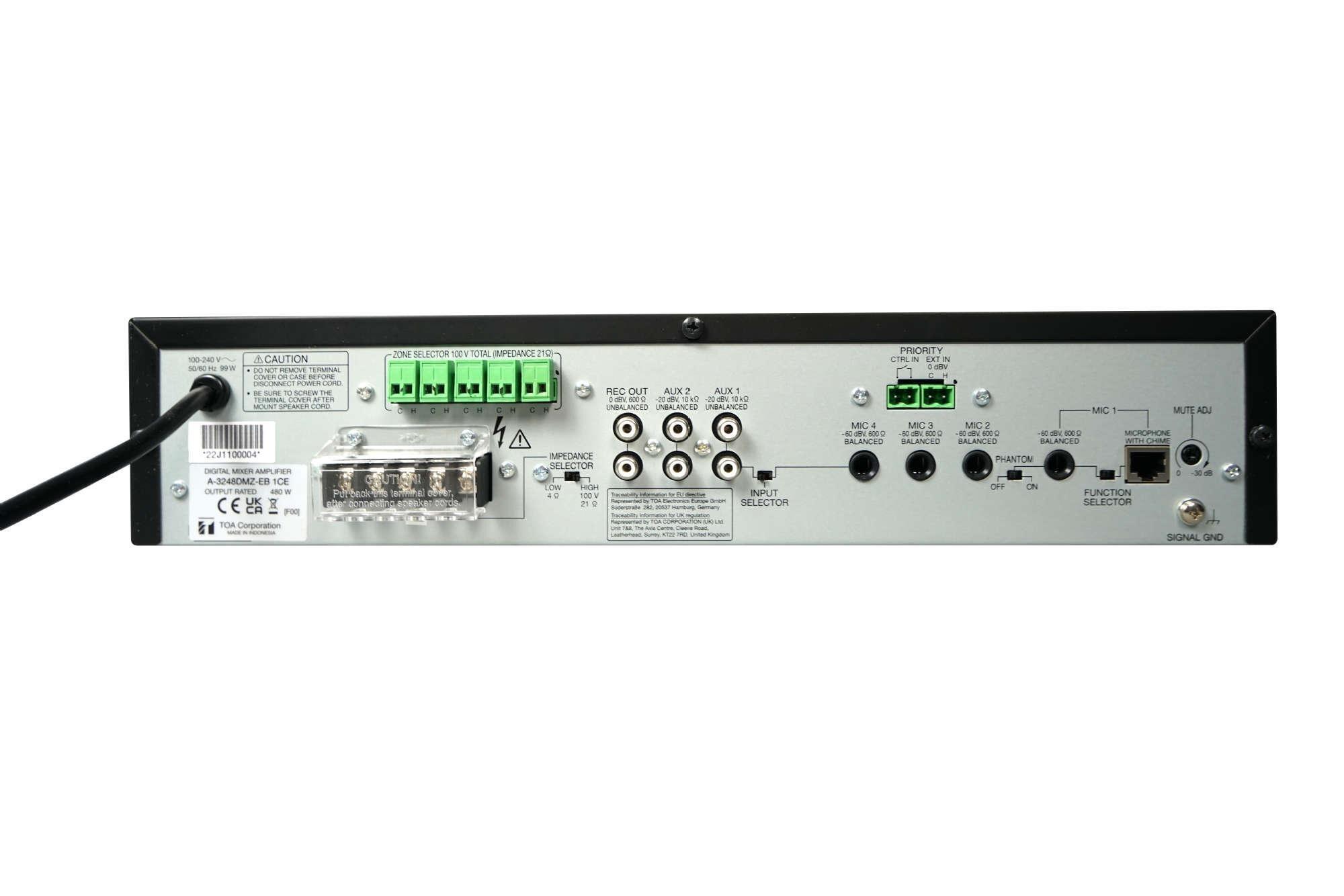 TOA A-3224DMZ A-3200 Series 240 Watt Digital Mixer Amplifier, MP3, Bluetooth, & 5 Zones