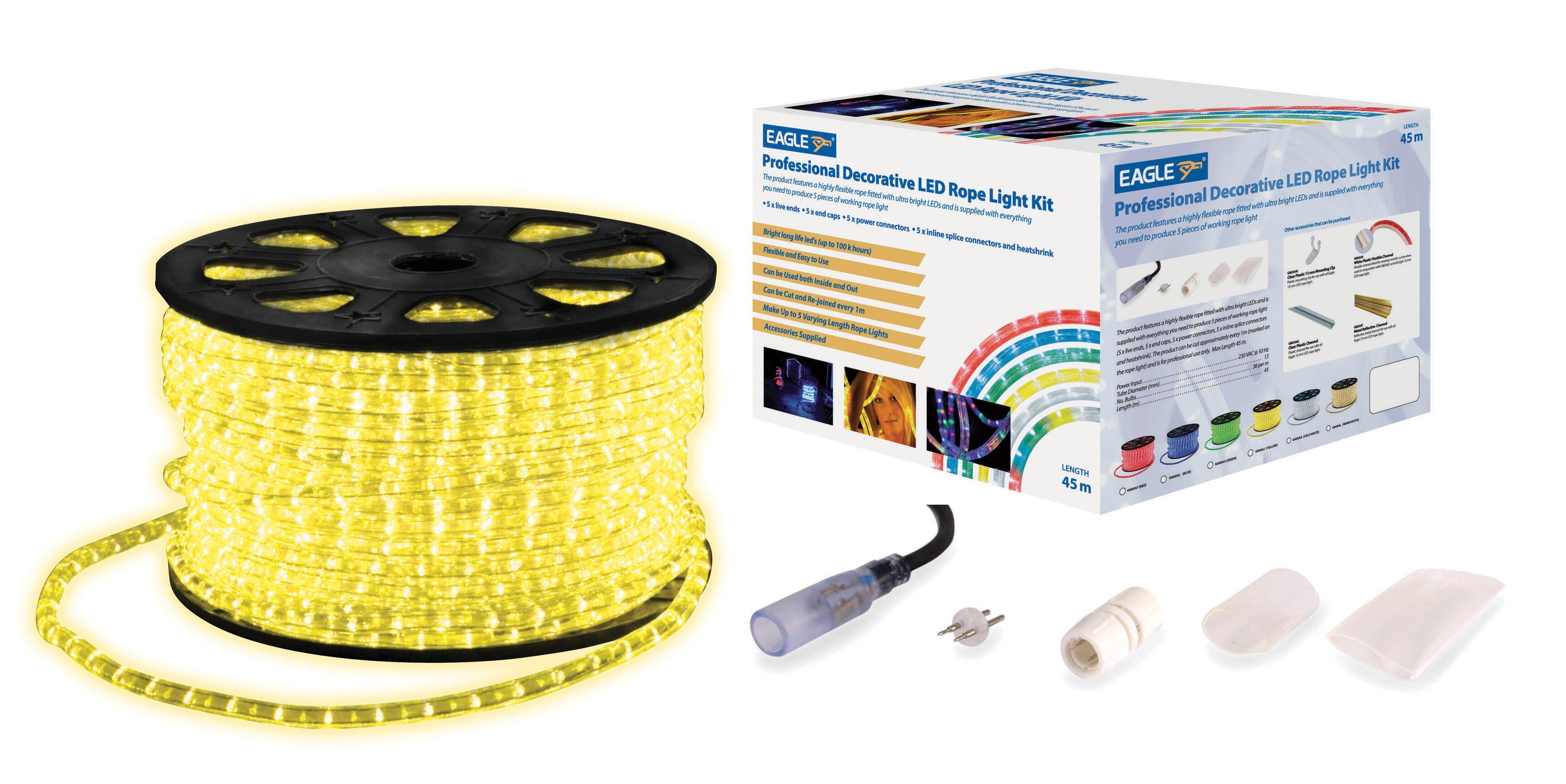 Eagle G600AJ Static LED Rope Light Kit With Wiring Accessories Kit 45m - YELLOW, G600AJ