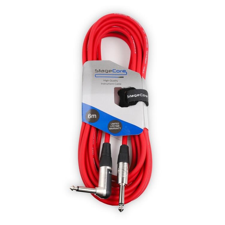StageCore 6.35mm Angled Mono Jack Plug - 6.35mm Straight Mono Jack Plug, Instrument Lead RED - (90048)