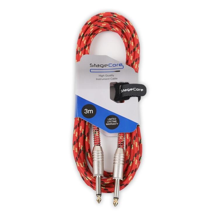 StageCore 6.35mm Mono Jack Plug - 6.35mm Mono Jack Plug, Vintage Tweed Style Instrument Lead RED - (90525)