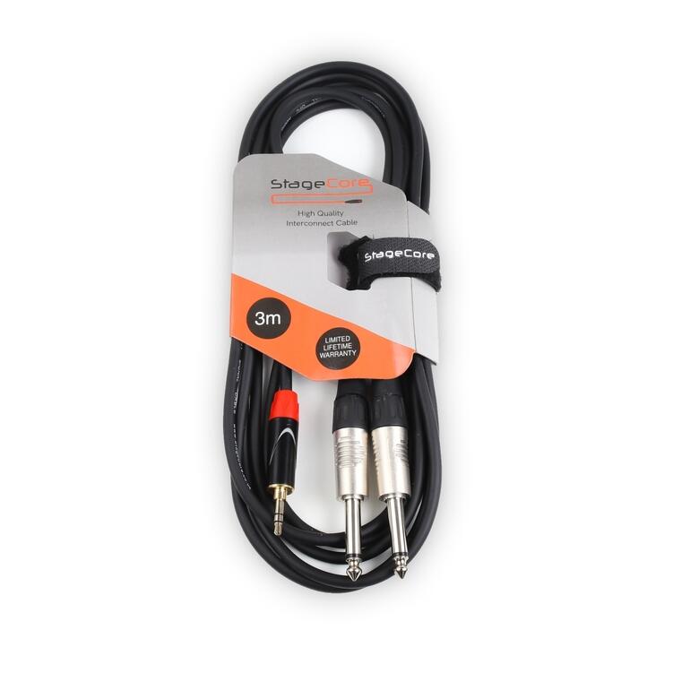 StageCore 3.5mm Stereo Mini Jack Plug - 2x 6.35mm Mono Jack Plugs, Professional Audio Signal Cable BLACK - (90301)
