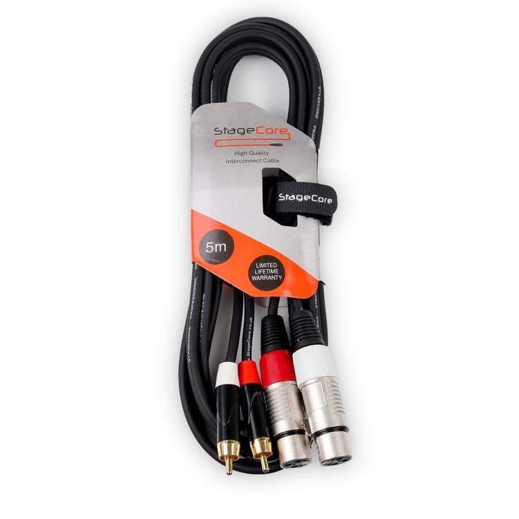 StageCore 2 x Female XLR Connectors - 2 x Male RCA Phono Plugs, Professional Audio Signal Cable BLACK - (90352)