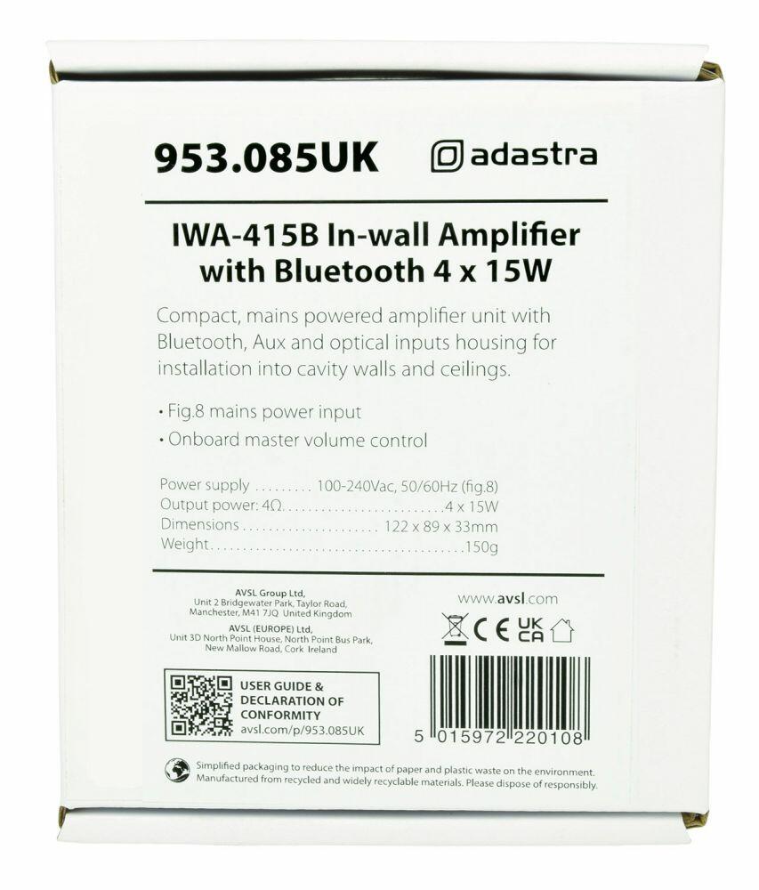 Adastra IWA415B In-wall Amplifier with Bluetooth 4 x 15W 953.085UK