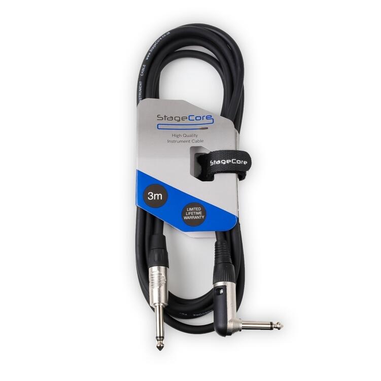 StageCore 6.35mm Angled Mono Jack Plug - 6.35mm Straight Mono Jack Plug, Instrument Lead BLACK - (90040)