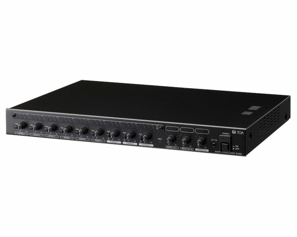 TOA M-633D Digital Stereo Mixer, 6 mic/line, 3 stereo, 1U size, with FBS, ARC, and Clip Limiter