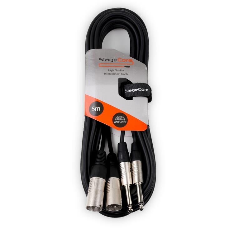 StageCore 2 x Male XLR Connectors - 2 x 6.35mm Mono Jack Plugs, Professional Audio Signal Cable BLACK - (90357)