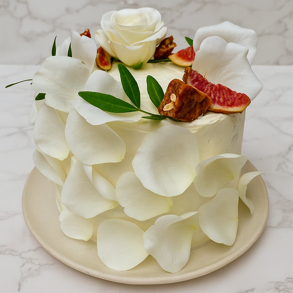 Tahini cake with white chocolate ganache and figs, decorated
