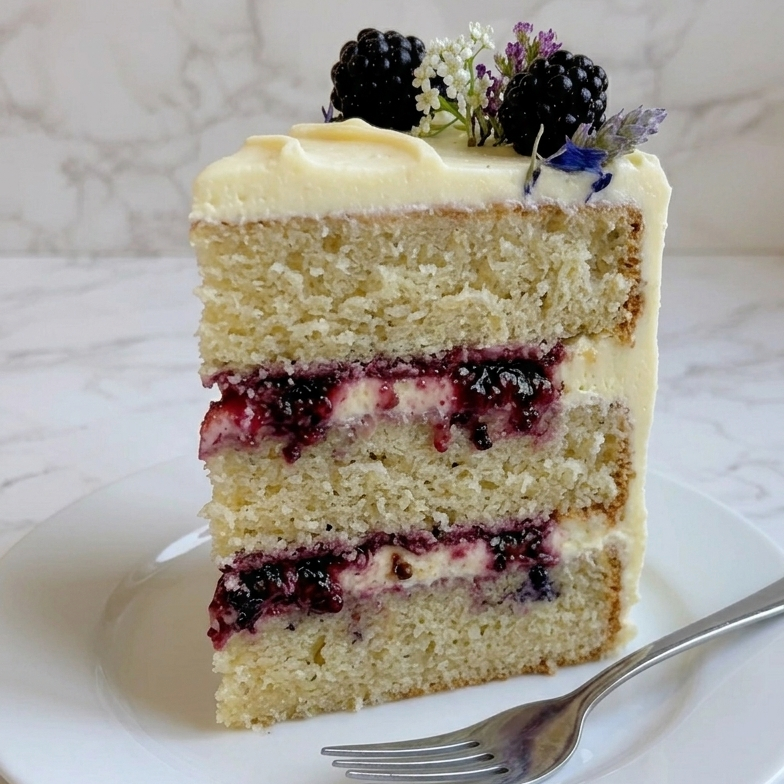 Blackberry elderflower cake with lemon mascarpone, whole cake