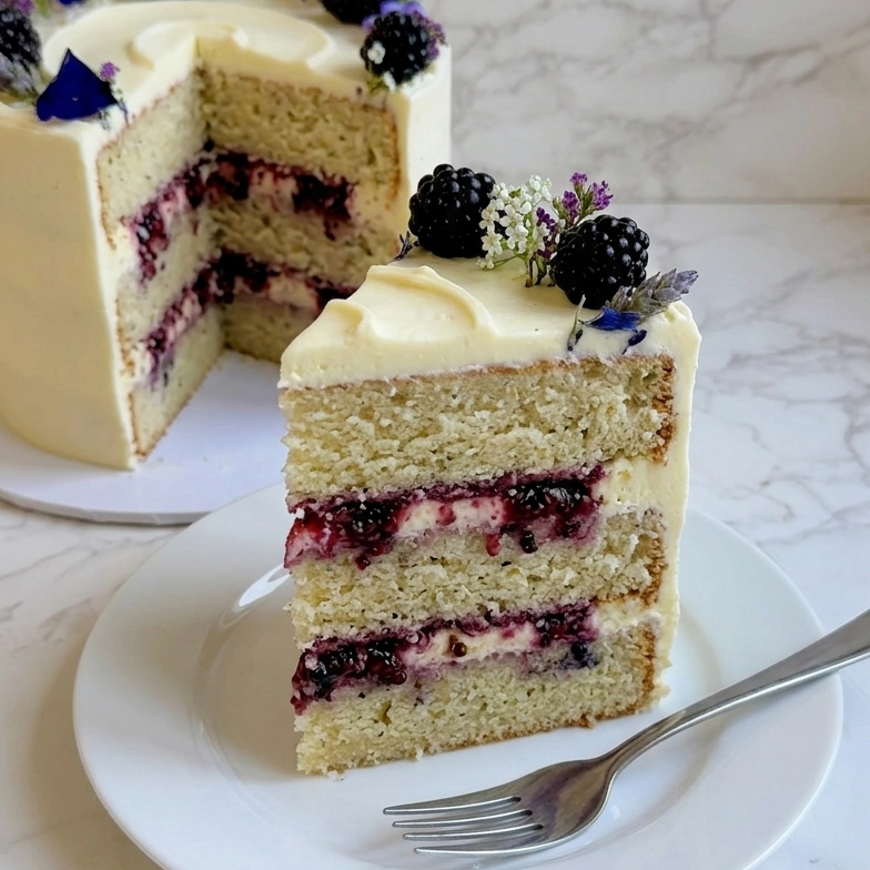Blackberry elderflower cake cross section, showing sponge layers