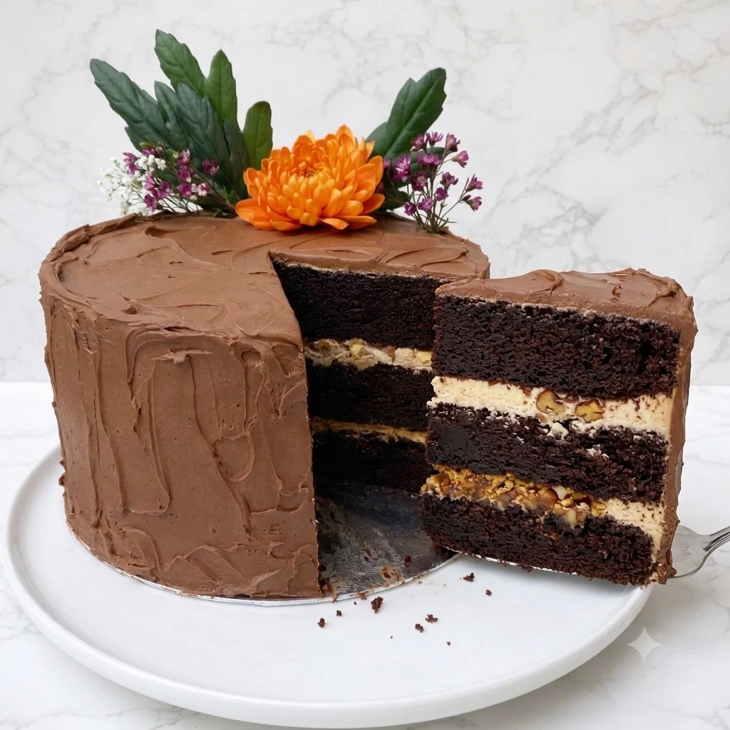 Guinness chocolate cake slice showing cream cheese frosting layers