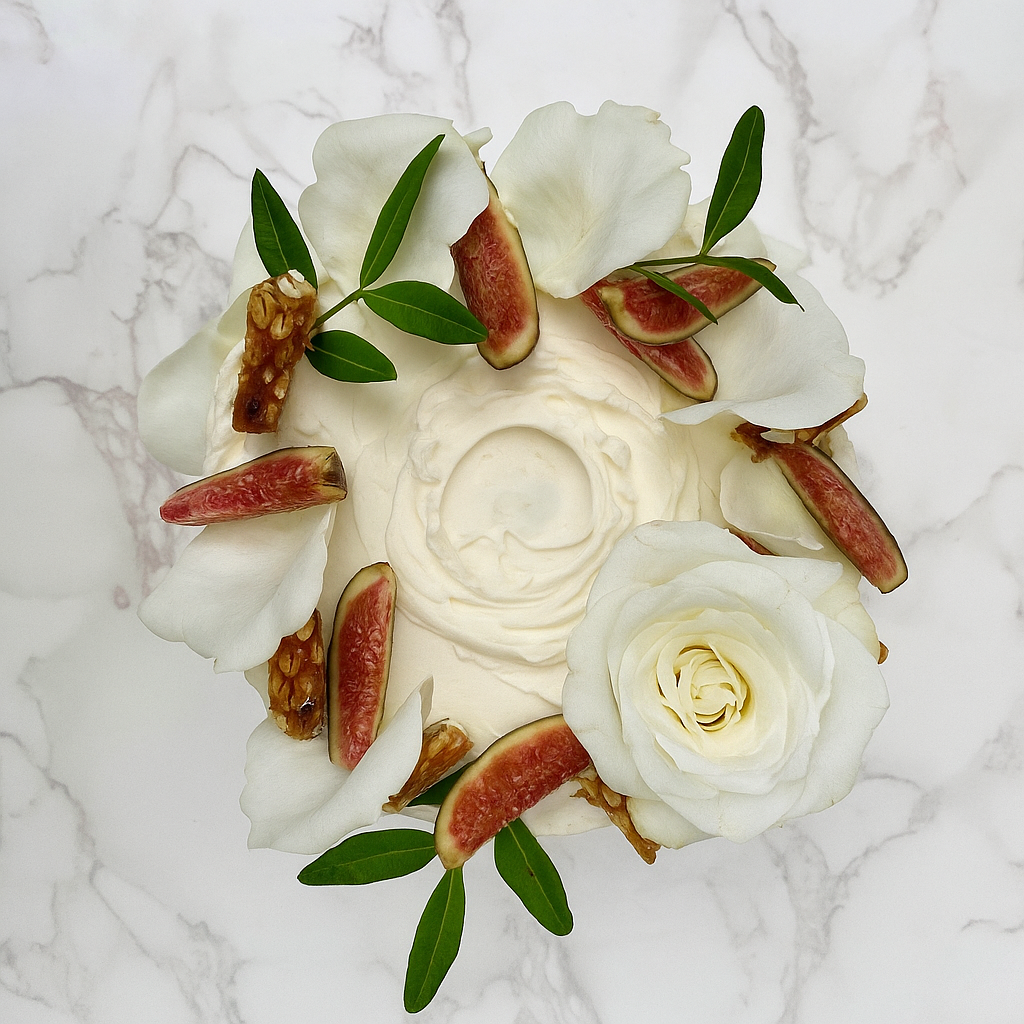 Tahini cake with fresh figs and cherry jam