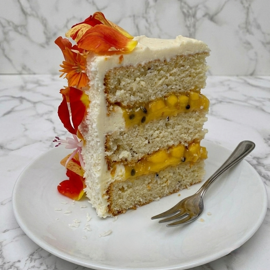 Coconut cake with passion fruit curd and mango, whole cake