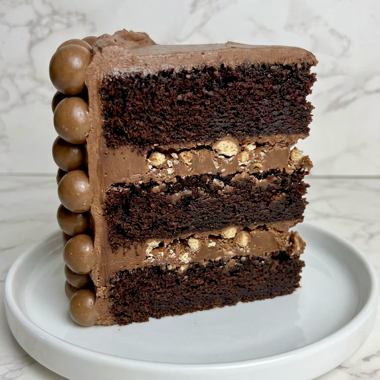 Malt chocolate cake slice showing malt ganache layers