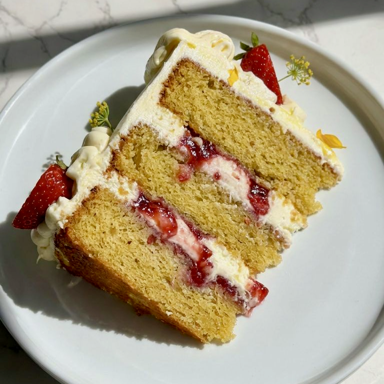 Olive oil cake slice with fresh strawberries and jam