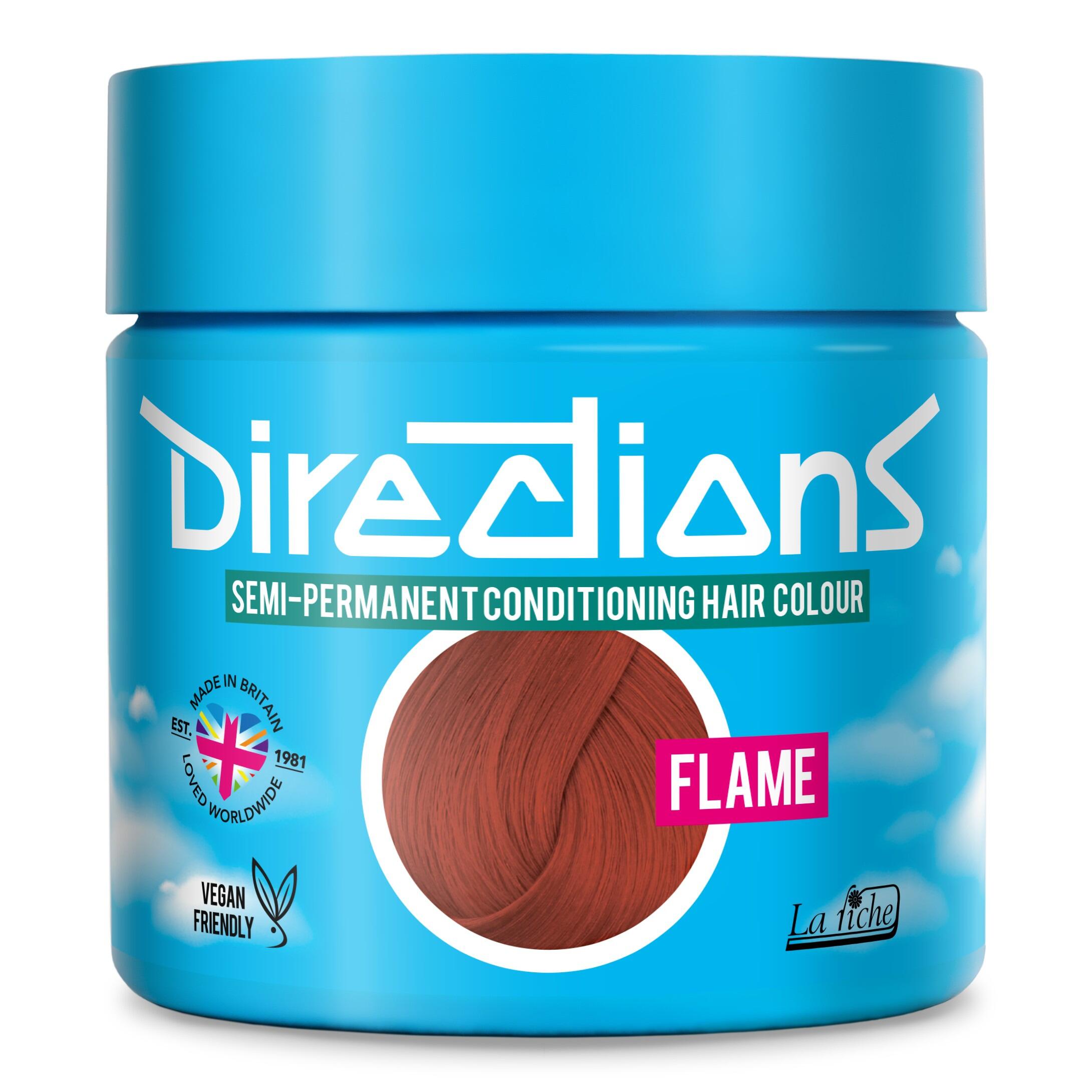 Picture of new directions hair dye pot on white background. Screw top pot with flame directions colour inside