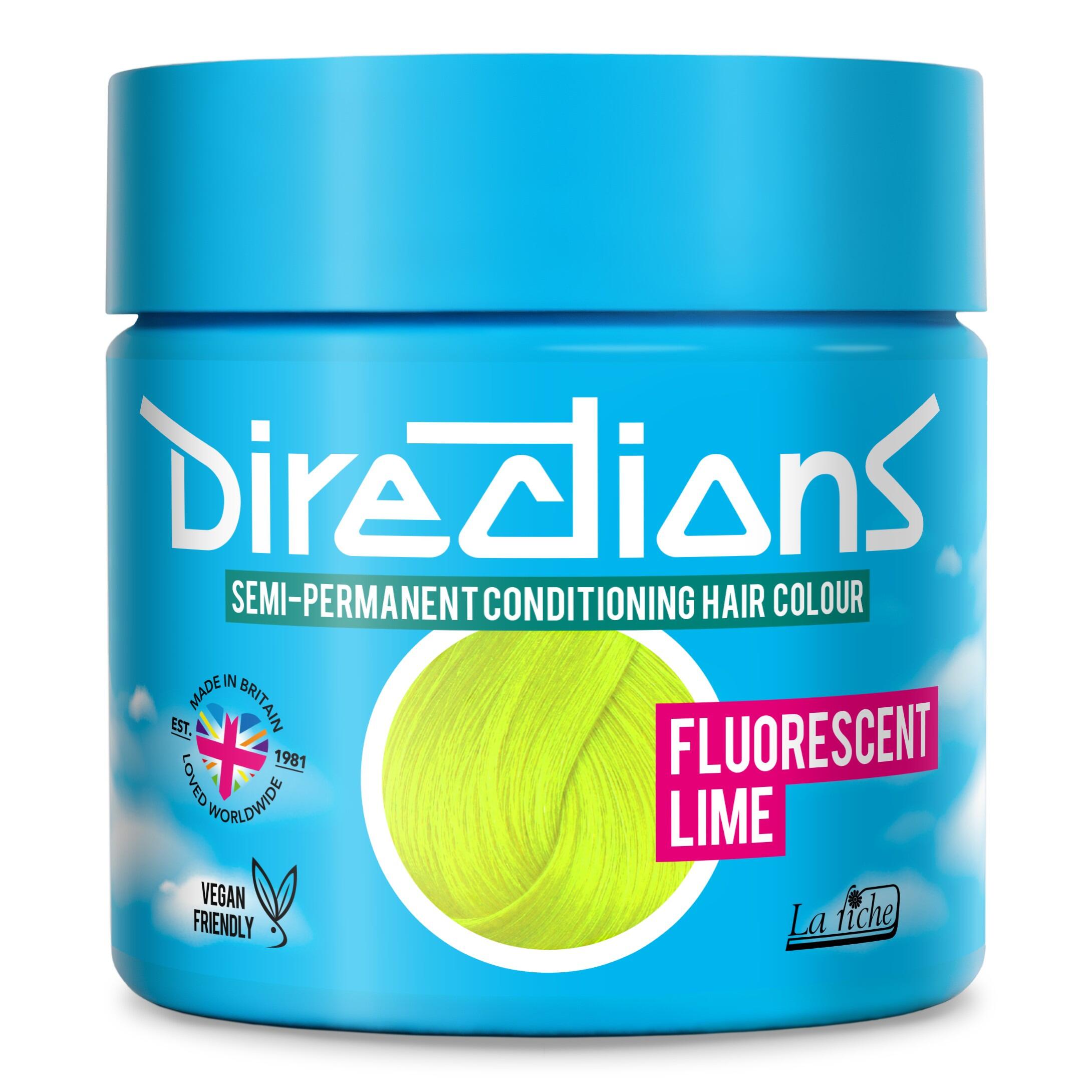 Picture of new directions hair dye pot on white background. Screw top pot with fluorescent lime directions colour inside