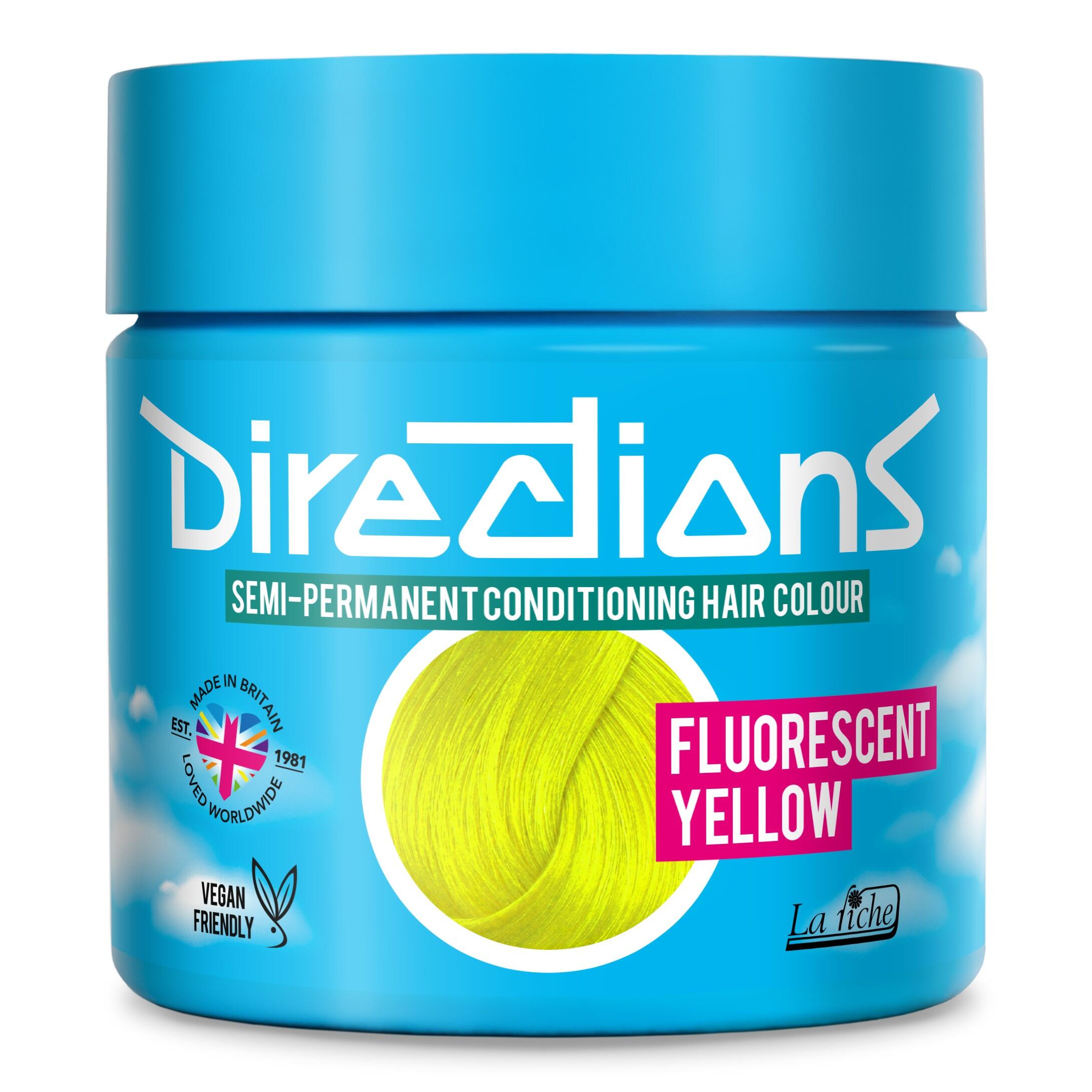 Picture of new directions hair dye pot on white background. Screw top pot with fluorescent yellow directions colour inside