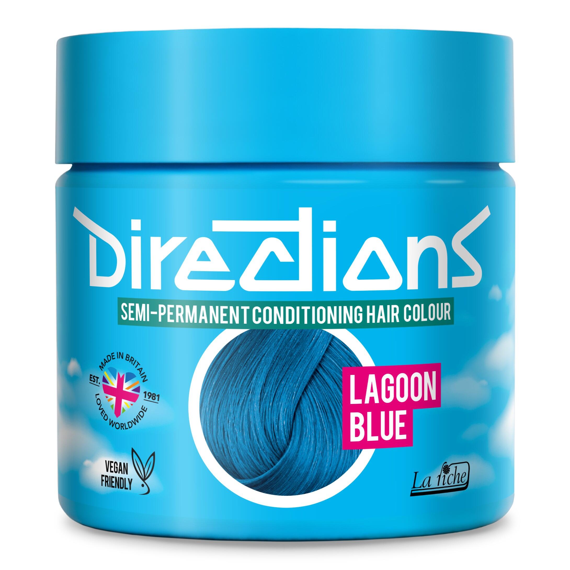 Picture of new directions hair dye pot on white background. Screw top pot with lagoon blue directions colour inside