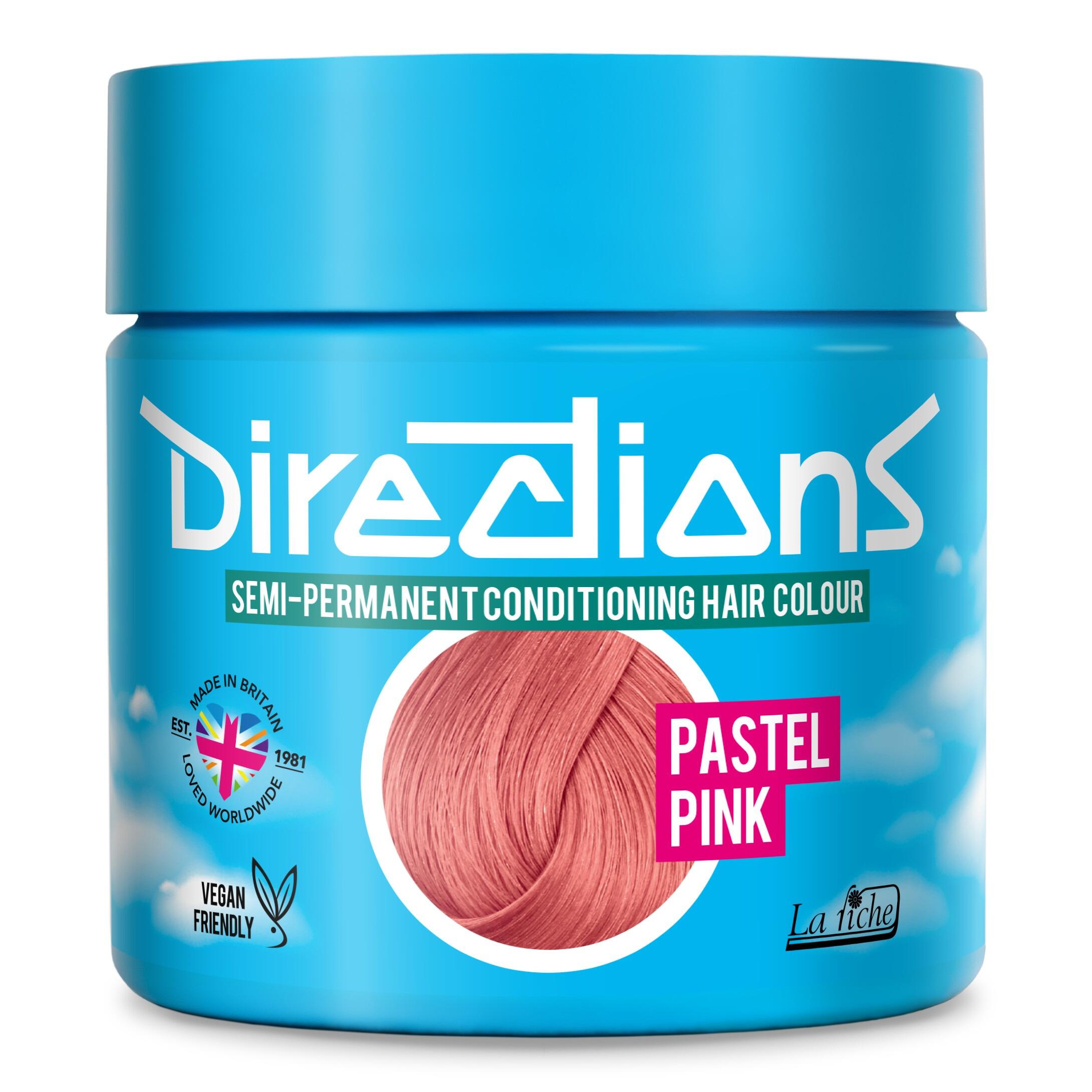 Picture of new directions hair dye pot on white background. Screw top pot with pastel pink directions colour inside
