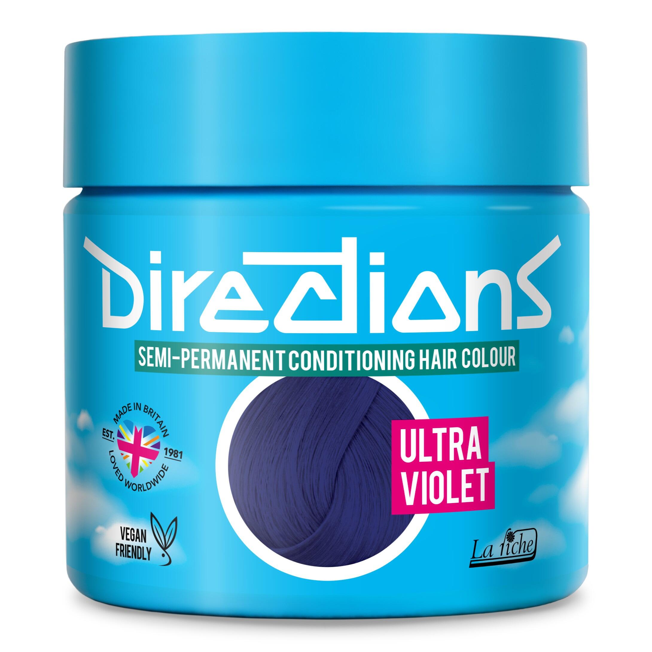 Picture of new directions hair dye pot on white background. Screw top pot with ultra violet directions colour inside