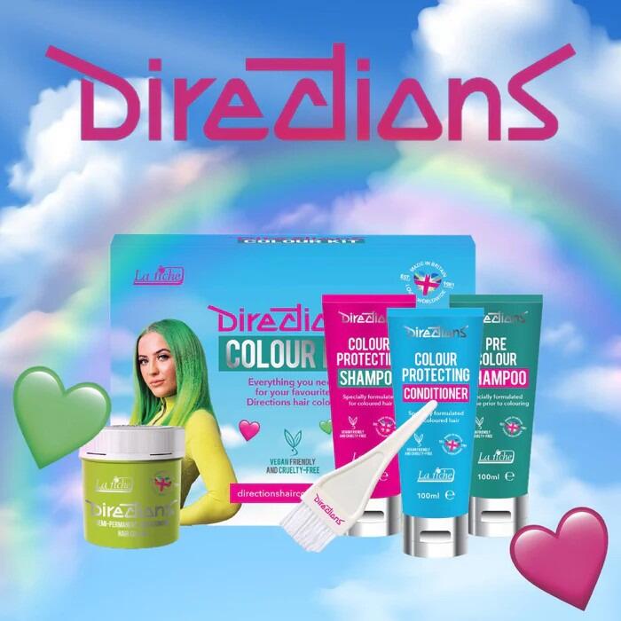 Image of Directions Hair Dye Colour Kits displaying three shampoos, tint brush and hair dye colour