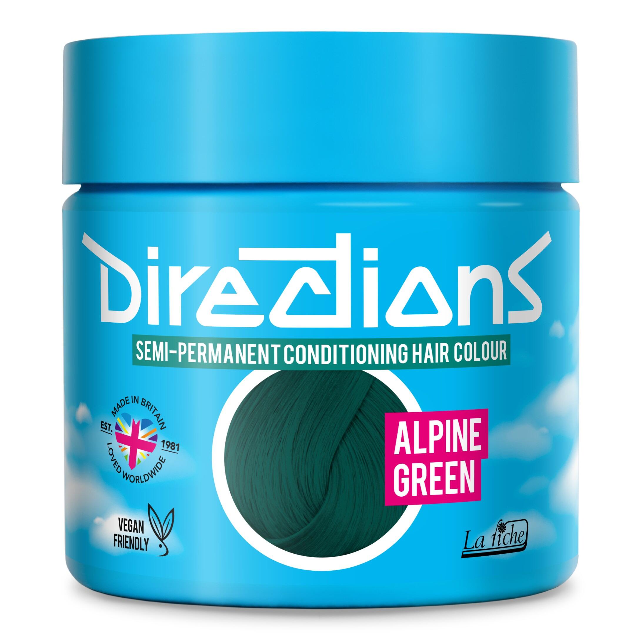 Picture of new directions hair dye pot on white background. Screw top pot with alpine green directions inside